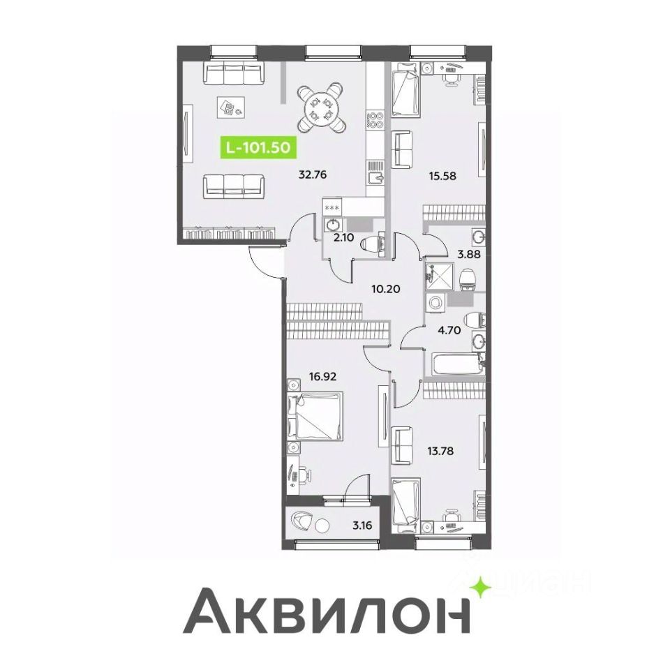 Планировка 3-комнатная, 101,5