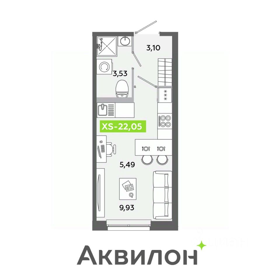 Планировка Студия, 22,05
