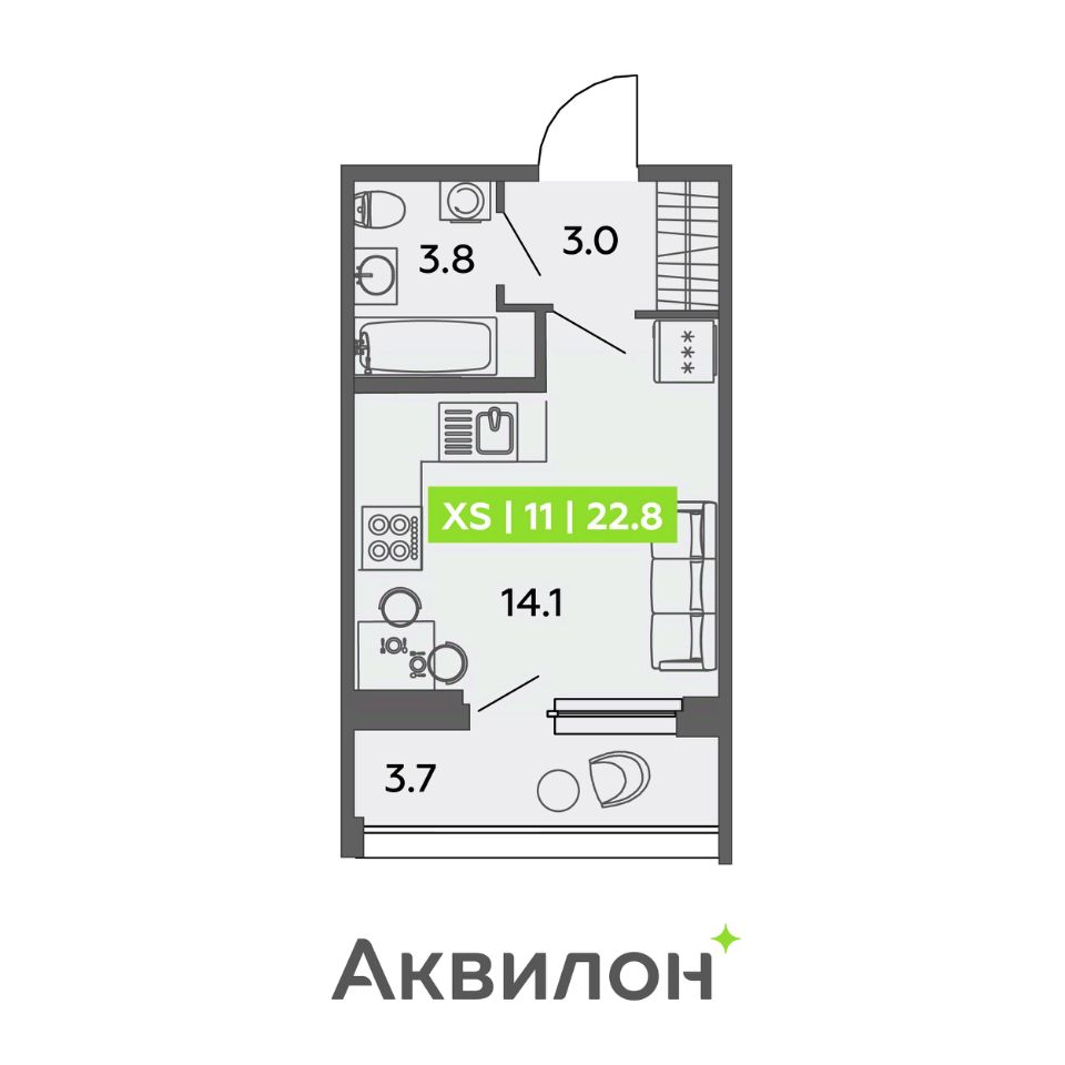 Планировка Студия, 22,80