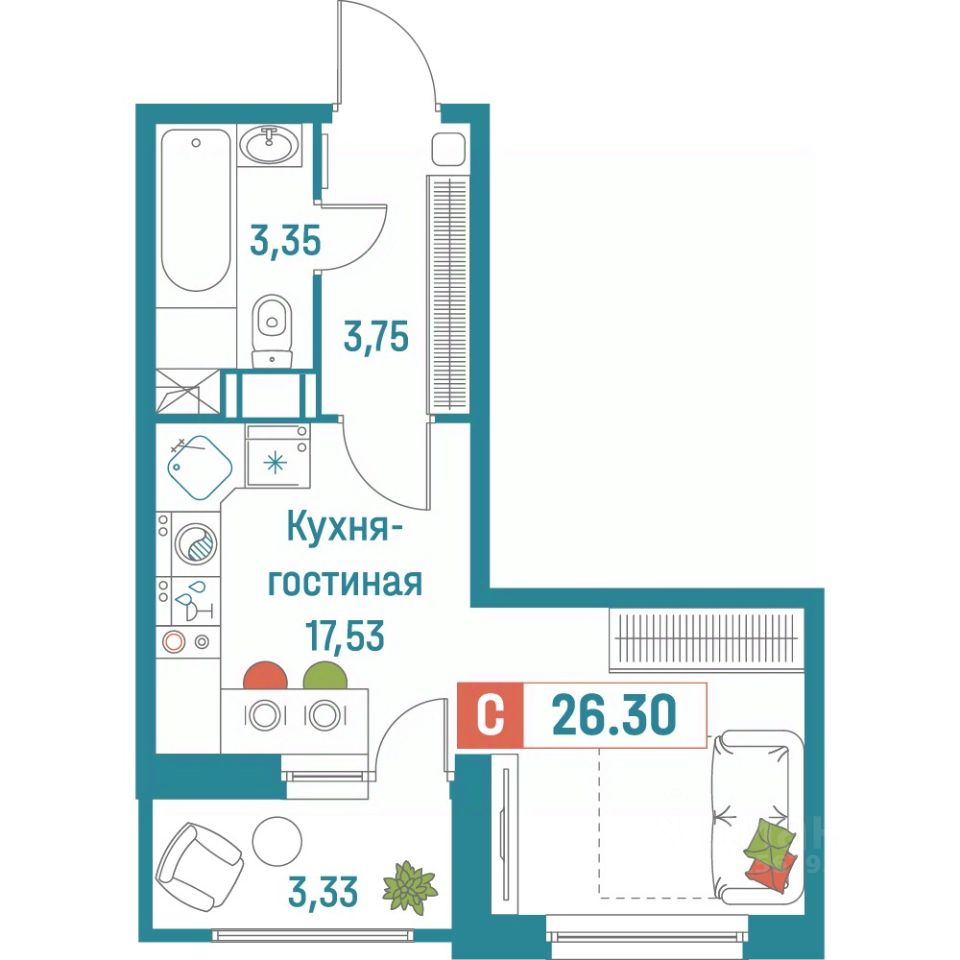 Планировка Студия, 26,3