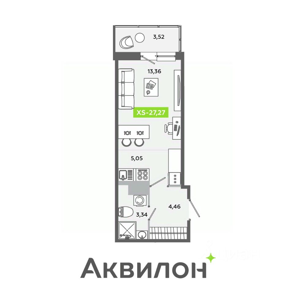 Планировка Студия, 27,27