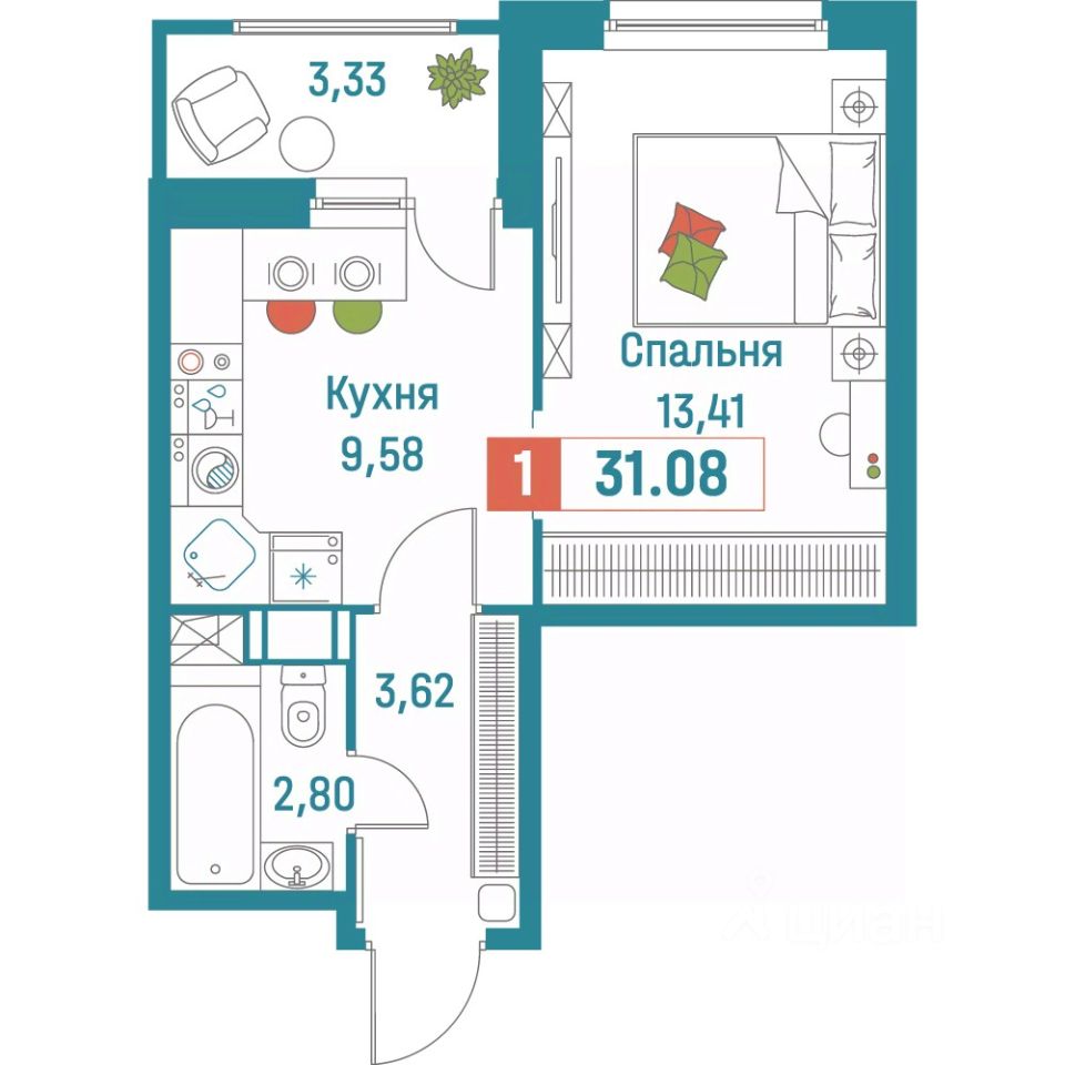 Планировка 1-комнатная, 31,08