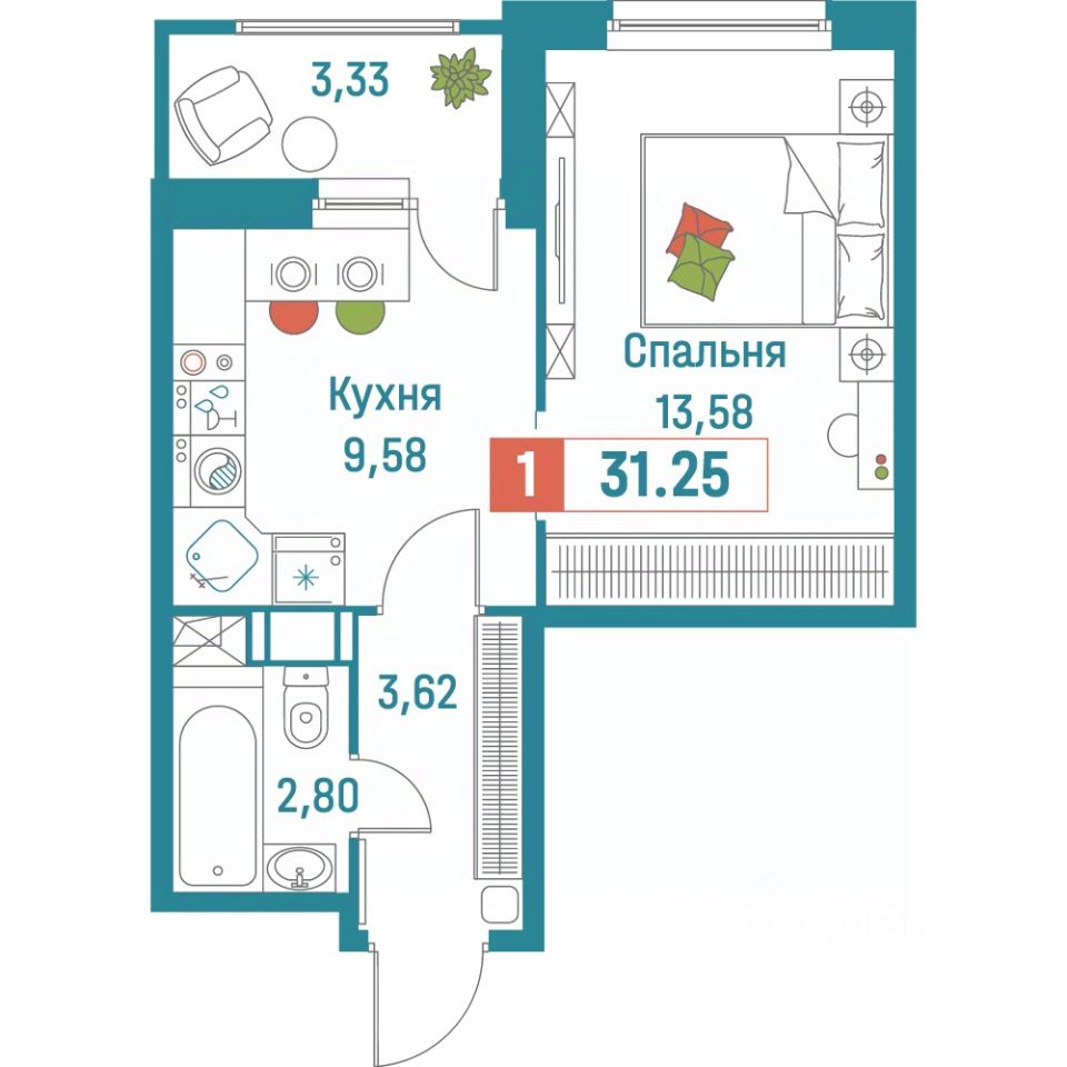 Планировка 1-комнатная, 31,25