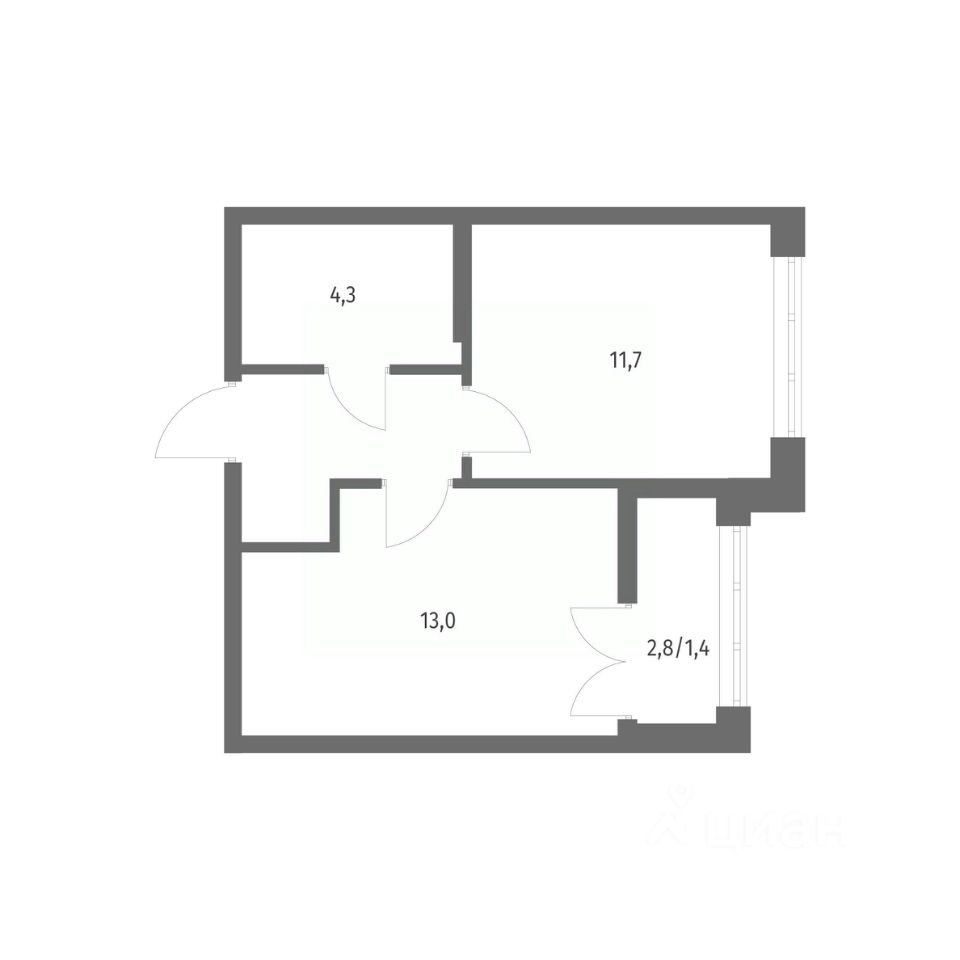 Планировка 1-комнатная, 34.8