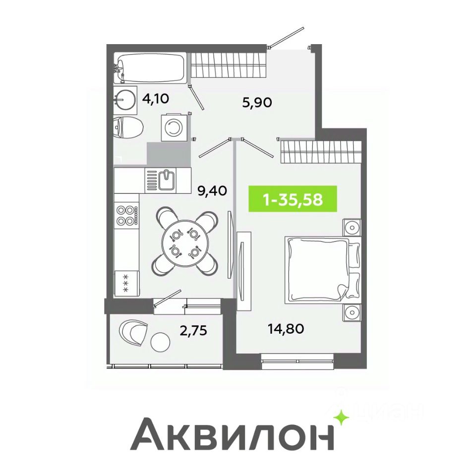 Планировка 1-комнатная, 35,58