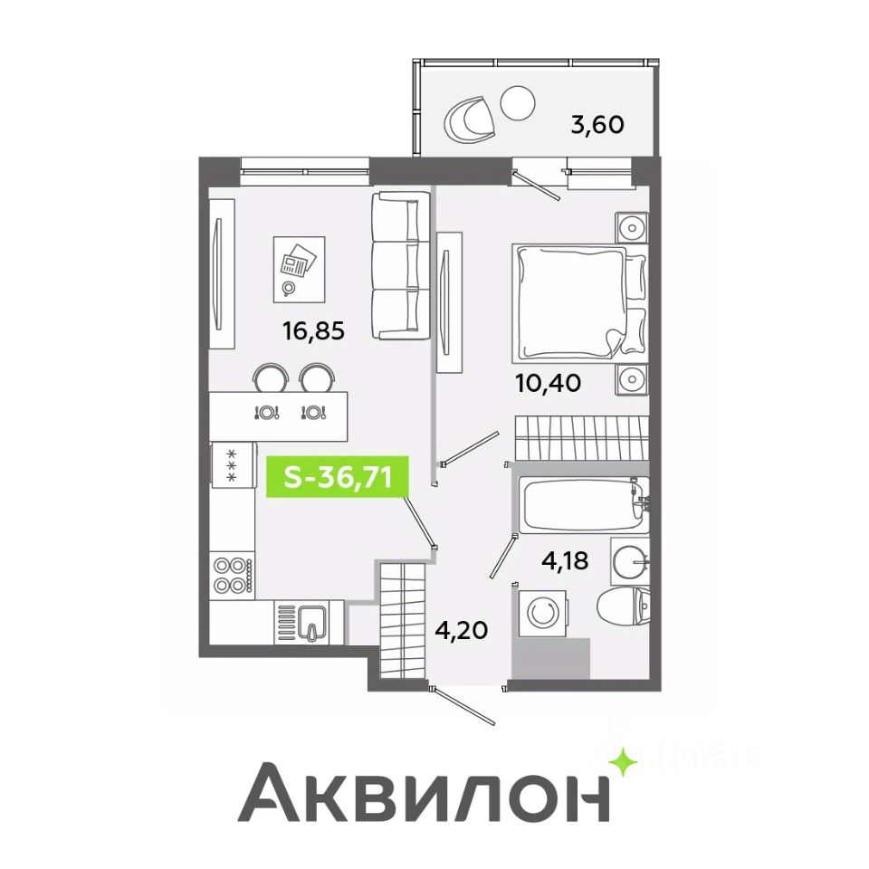Планировка 1-комнатная, 36,71