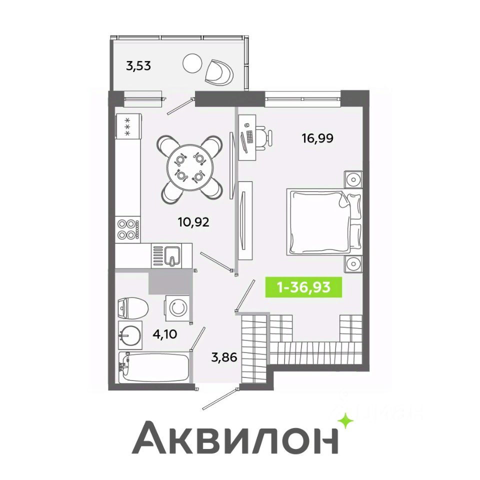 Планировка 1-комнатная, 36,93