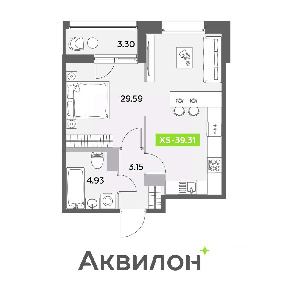 Планировка Студия, 39,31