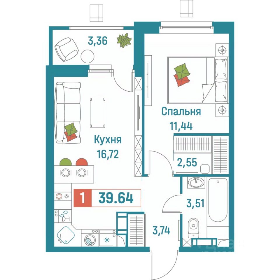 Планировка 1-комнатная, 39,64