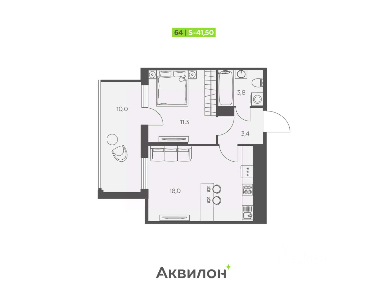 Планировка 1-комнатная, 41,5