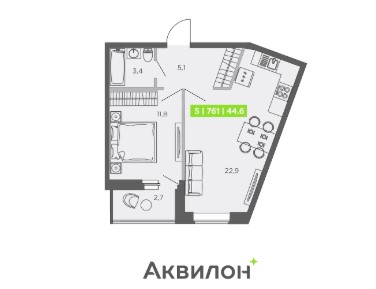 Планировка 2-комнатная евро, 44,6
