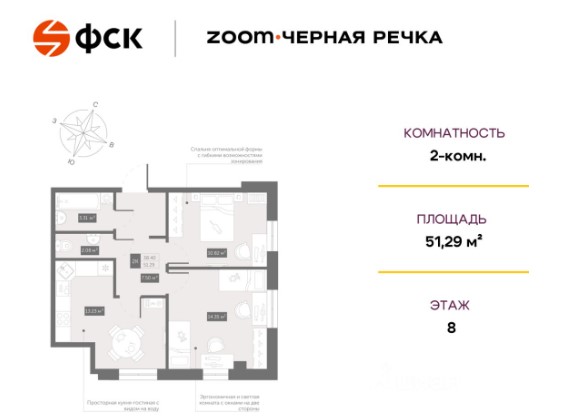 Планировка 2-комнатная, 51.29