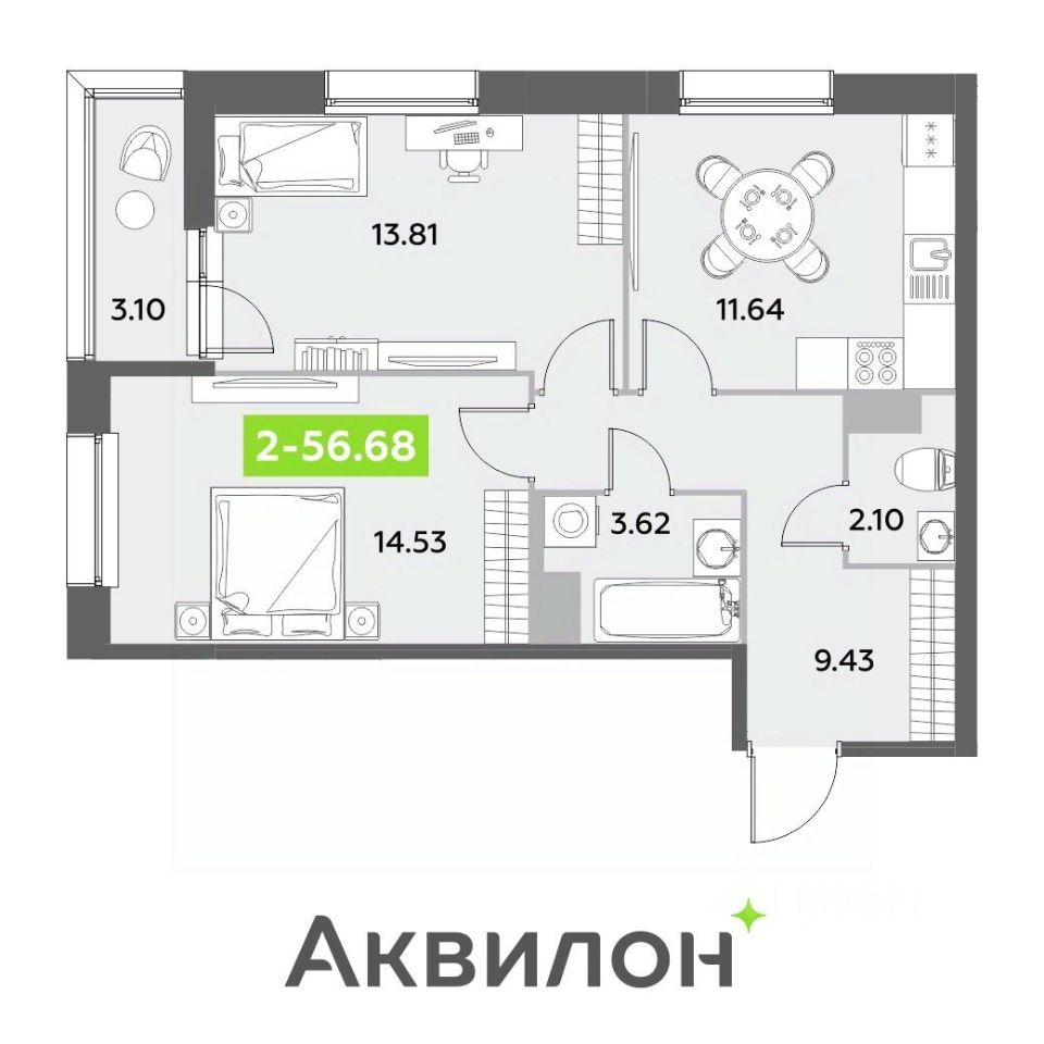 Планировка 2-комнатная, 56,86