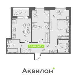 Планировка 2-комнатная евро, 60,4