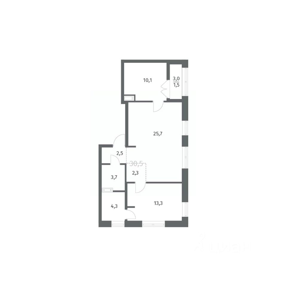 Планировка 2-комнатная, 63,48