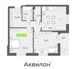 Планировка 3-комнатная евро, 65,41