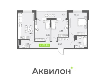 Планировка 4-комнатная евро, 73.99