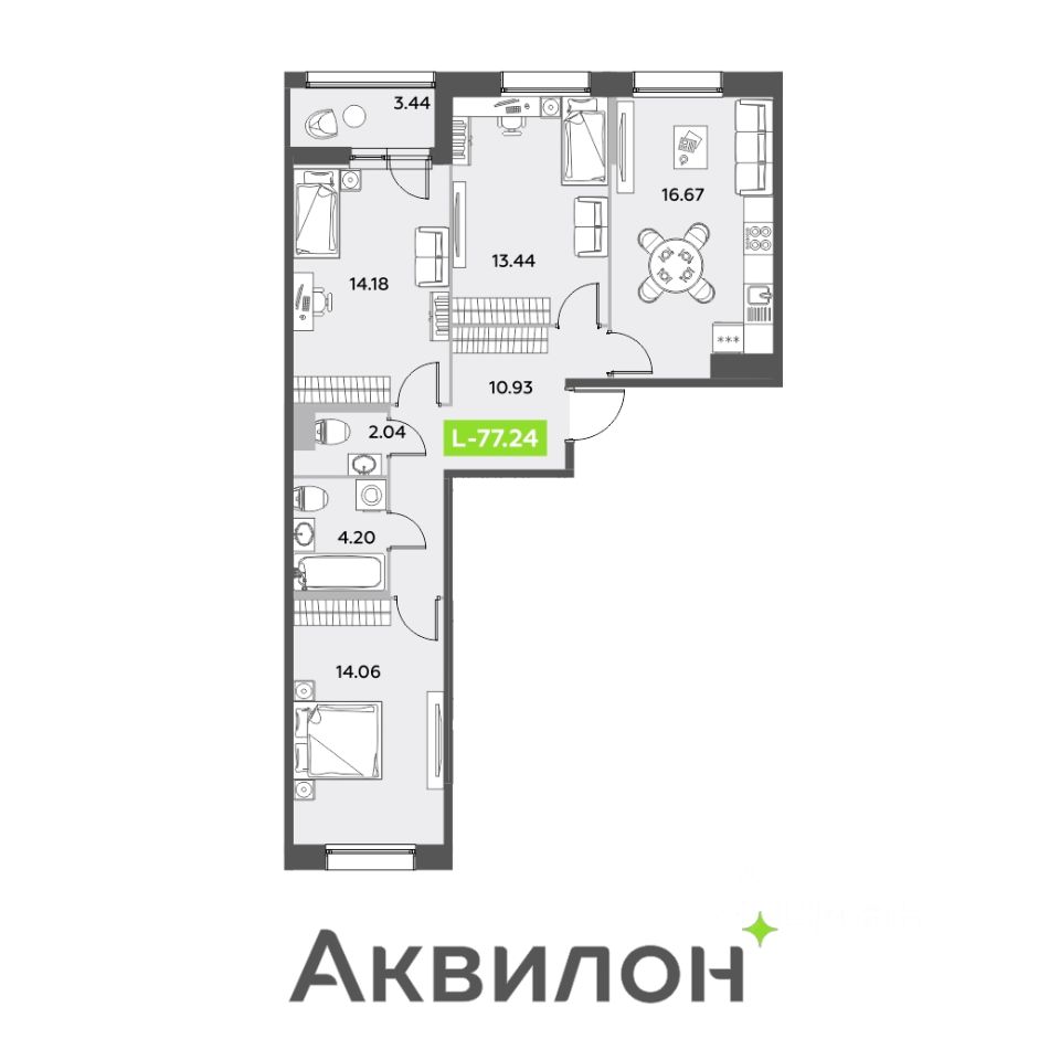 Планировка 3-комнатная, 77,24