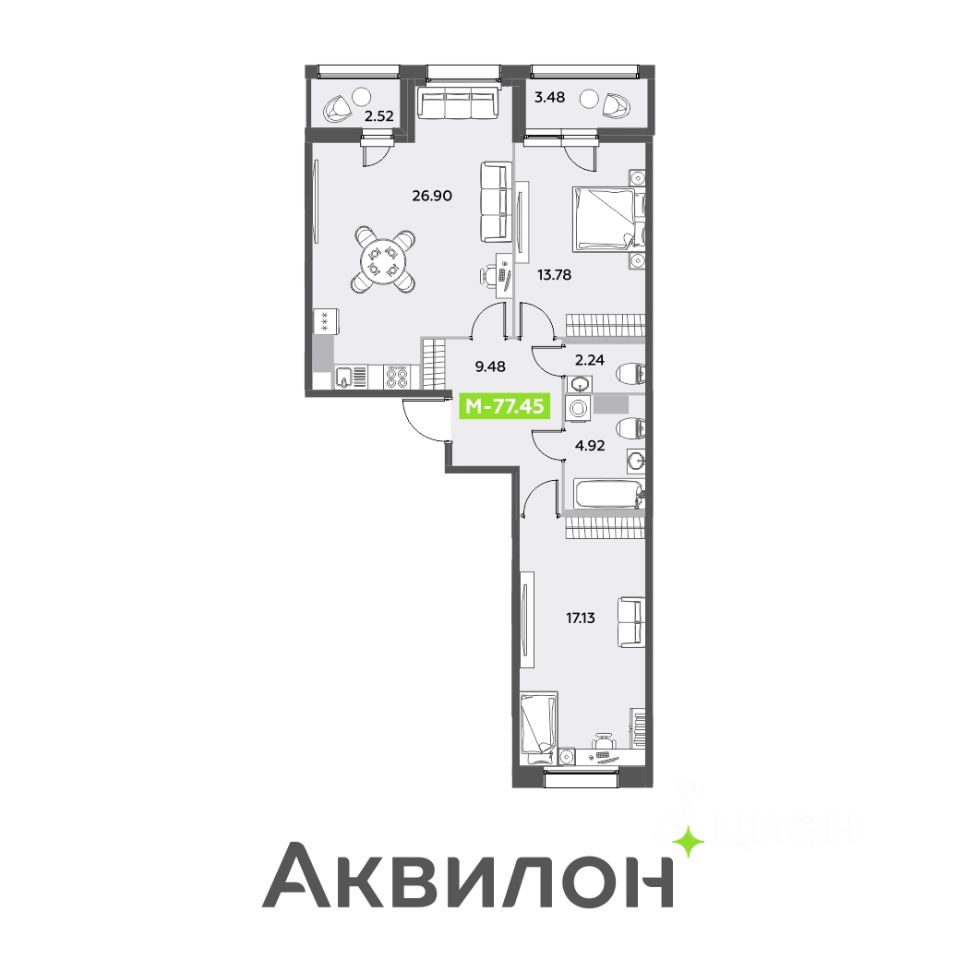 Планировка 2-комнатная, 77,45
