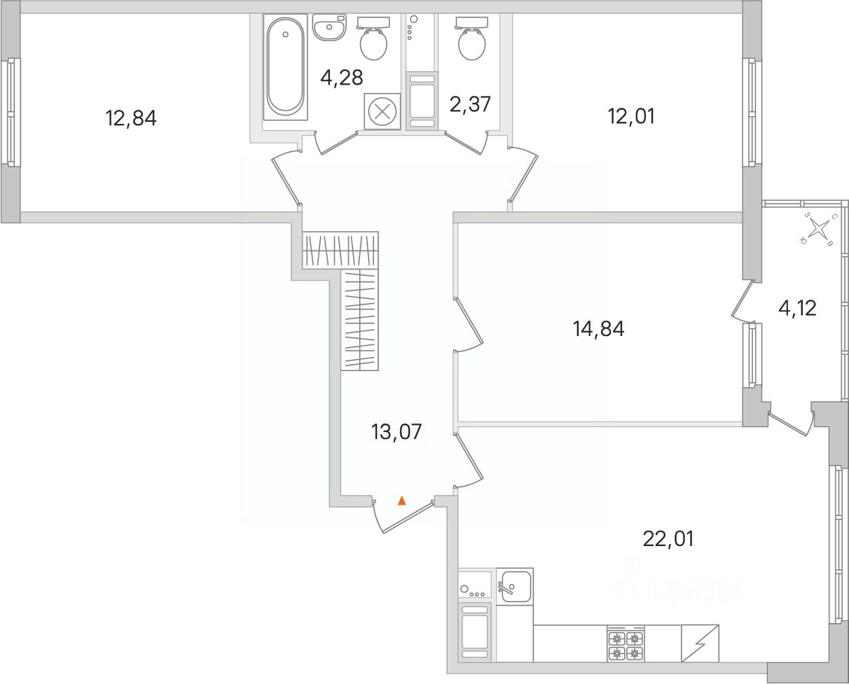Планировка 3-комнатная, 83.48