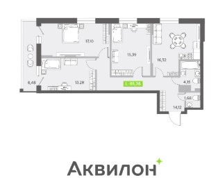 Планировка 4-комнатная евро, 85.28