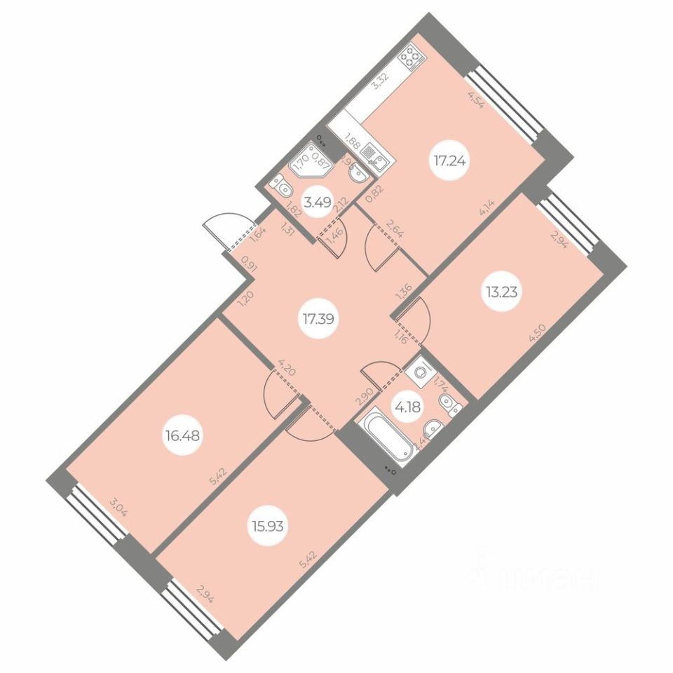 Планировка 3-комнатная, 87,94