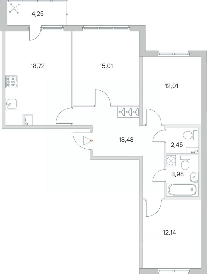 Планировка 3-комнатная, 79.92
