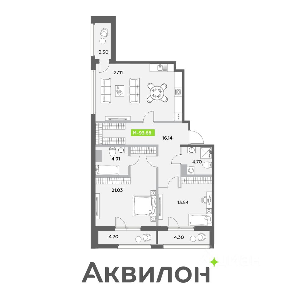 Планировка 2-комнатная, 93,68